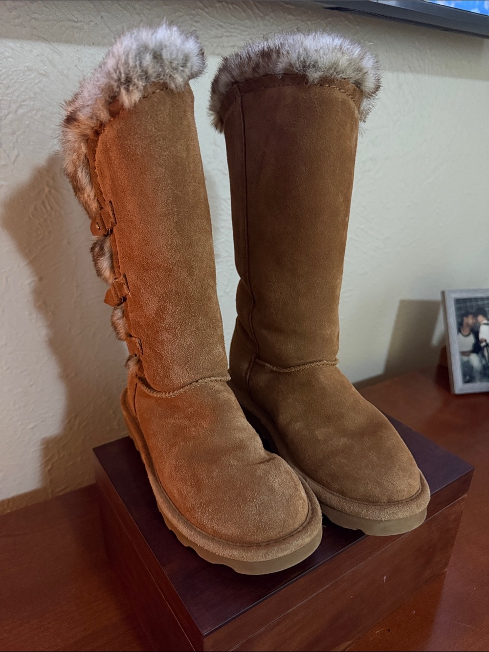 BearPaw Women's Tall Suede Boots in Chestnut Brown with Fur Trim